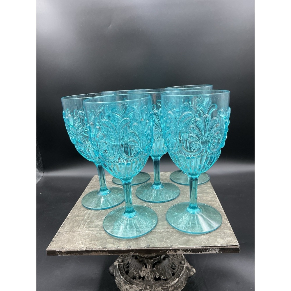 Set of 6 Le Cadeaux Outdoor Plastic Goblets Wine Glasses Fleur Teal Turquoise - Picture 6 of 9